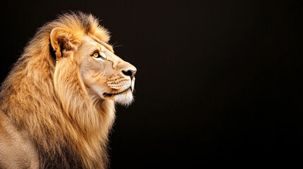 Fototapeta premium In profile, a strong male lion gazes off-screen, his mane thick and flowing. His yellow eyes shine with intensity, reflecting a sense of watchfulness. The dark background contrasts sharply with the