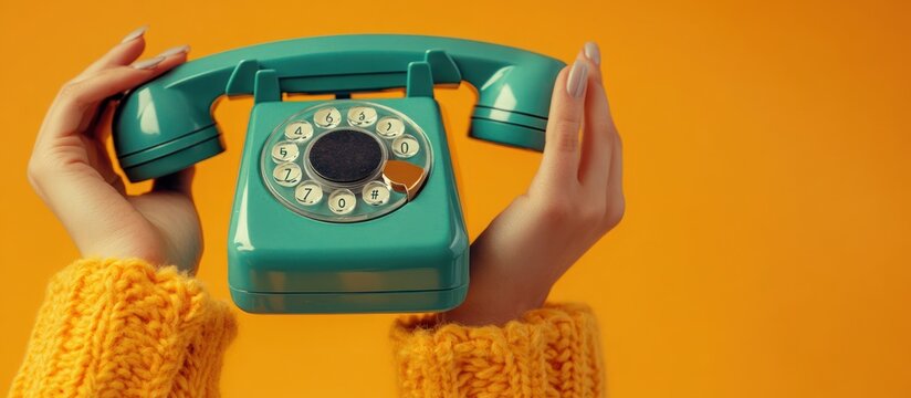 A woman's hand holds up a vintage rotary phone against a yellow background.