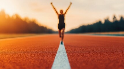 Triumphant Runner Crossing Finish Line with Arms Raised in Joyous of their Hard Earned Success and Accomplishment
