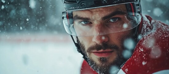 Close-up portrait of a hockey player wearing a helmet and visor, looking directly at the camera with a determined expression, snowflakes falling around him.