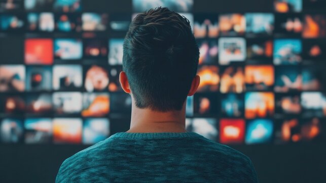Thoughtful man deeply focused on a vision board filled with images of his goals drawing and motivation for his future plans and outlook