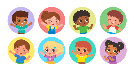 Collection of Happy boys and girls in rounds vector set. Children's activities. Back to School of kindergarten. children smiling with different poses.