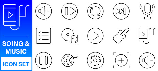 Music and audio line icons collection. Big UI icon set in a flat design. Thin outline icons pack.