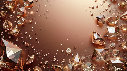 Fototapeta premium Sparkling diamonds scattered on a warm, golden background with water droplets. A luxurious and elegant image.
