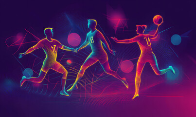 Dynamic Volleyball Action with Neon Lights and Abstract Geometric Patterns for Futuristic Sports Branding