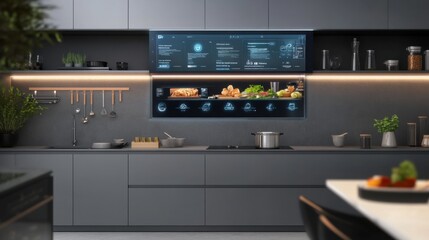 An innovative smart kitchen with an AI-powered cooking assistant that suggests recipes based on available ingredients and a digital meal planner, Modern culinary tech theme, Practical style