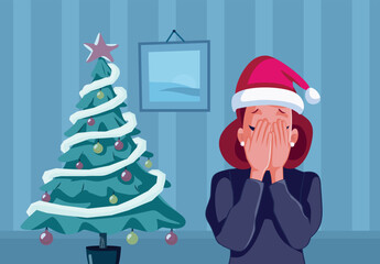 Unhappy Vector Woman Feeling Desperate During Winter Holidays. Depressed lady in tears having an emotional moment on holidays 
