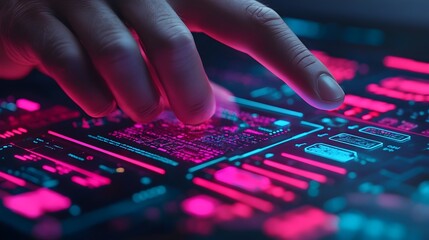 Naklejka premium Hands interacting with a glowing futuristic holographic control panel featuring transparent HUD interfaces displaying AI driven data with deep neon blue and pink accents in a 3D rendered