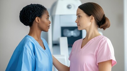 Fototapeta premium Medical Technician Guiding Female Patient Through Mammogram Screening Procedure in Clinical Setting