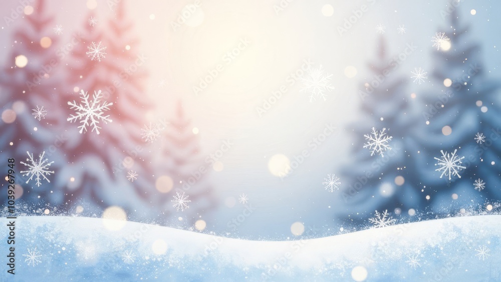 Poster a snowy forest with three pine trees in the foreground