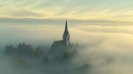 Fototapeta premium village church steeple rises above fog, creating serene and mystical atmosphere. surrounding landscape is enveloped in soft mist, enhancing tranquil scene