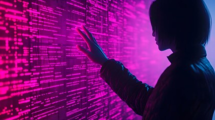 A person interacting with a holographic interface surrounded by advanced digital technology and glowing 3D data elements set in a sleek futuristic blue and purple toned environment