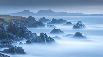 serene foggy coastline with waves gently crashing against rugged rocks, creating tranquil atmosphere. distant mountains add depth to landscape, enhancing its beauty