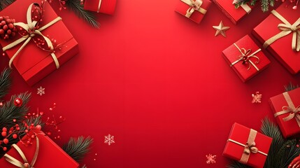 bold red sale banner with gift boxes and holiday decorations in the background