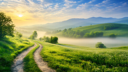 Obraz premium serene foggy countryside scene features winding dirt path leading through lush green fields, surrounded by gentle hills and beautiful sunrise. tranquil atmosphere evokes sense of peace and connection