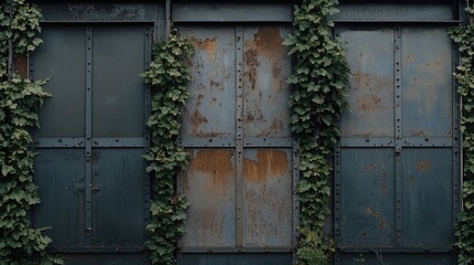 Naklejka premium Closed factory gates with rusting metal and faded paint, symbolizing the decline of industry and the passage of time, reflecting a poignant reminder of economic shifts and the human impact of change