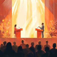  illustration of 2 people stood at podiums on stage, debating in front of a crowd of people