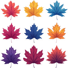 Obraz premium Nine colorful maple leaves isolated on a white background.