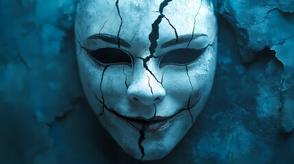 A cracked white mask with a sinister smile against a dark blue background.