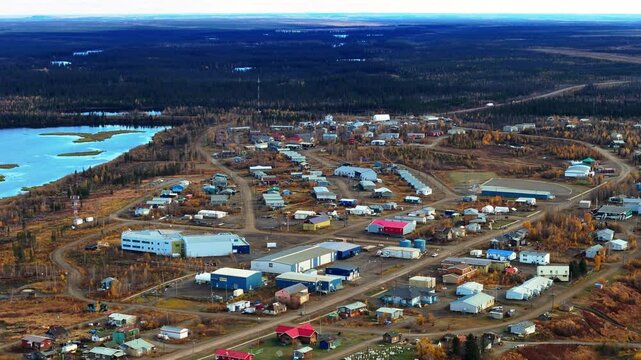 Vistas At Fort McPherson Hamlet In The Inuvik Region Of The Northwest Territories, Canada. Aerial Drone Shot