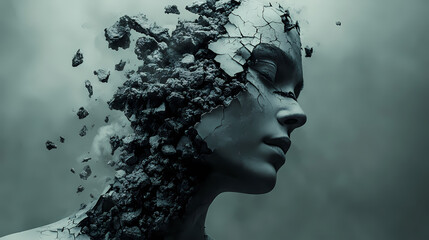 A surreal image of a woman's face breaking apart, with pieces of her face flying off, a dark, abstract portrait of disintegration.