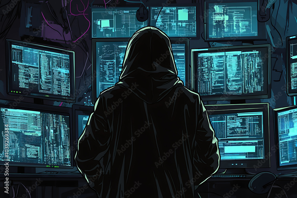 Poster a hooded figure stands before multiple screens displaying code and data, suggesting hacking.