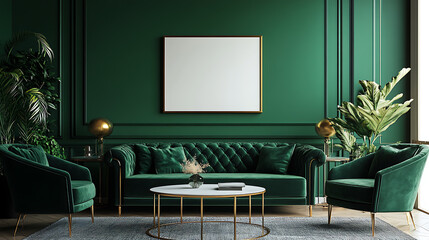 A living room with green velvet furniture and gold accents. The room is decorated with plants and a large picture frame.