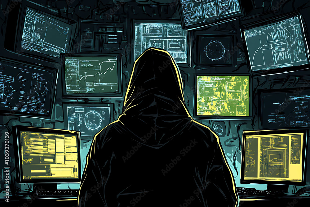 Poster a hooded figure sits before multiple screens displaying complex data and graphics.