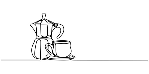 Coffee accessories continuous one line drawing. Italian coffee geyser pot, Cezve and Coffee Continuous Line Icon