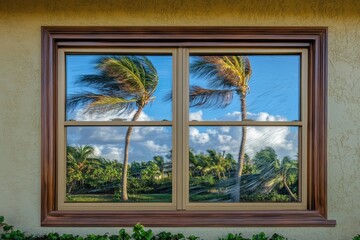 Inside of a home during a hurricane, palms in background being blown by the strong winds and rain, house is protected with the windows	