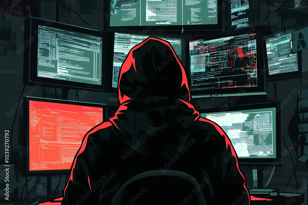 Poster a figure in a hoodie sits before multiple monitors displaying code and data.