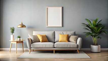 Obraz premium Minimalist Grey Room with Light Sofa and Pillows, High Depth of Field, Blank Poster Mockup, Cozy Aesthetic, Modern Interior Design, Stylish Living Space, Neutral Tones, Home Decor Ideas