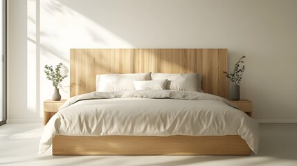 Minimalist Bedroom with Wooden Headboard and Calming Ambience