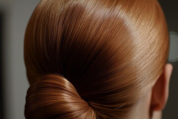 Naklejka premium light brown hair, a women's hair bun viewed from the back, slicked back with hard gel, elegant, graceful, formal