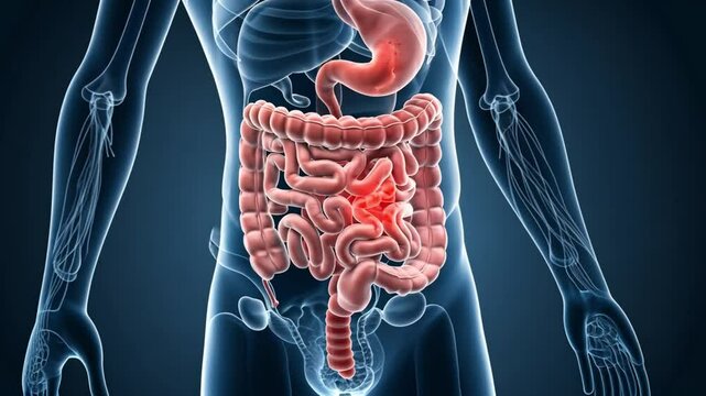 A detailed diagram of the human digestive system showing the effects of Crohn's disease. Perfect for medical publications and educational materials.