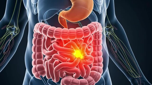 A detailed diagram of the human digestive system showing the effects of Crohn's disease. Perfect for medical publications and educational materials.