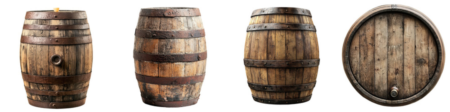 Four wooden barrels displayed from different angles, showcasing their rustic texture and design on a black background.
