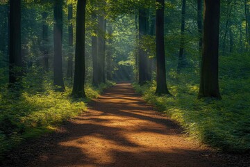 Obraz premium Sun shining through trees on path in lush green forest