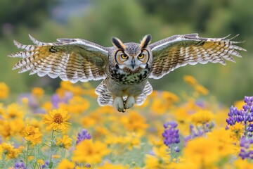 Obraz premium Great horned owl flying over field of yellow flowers