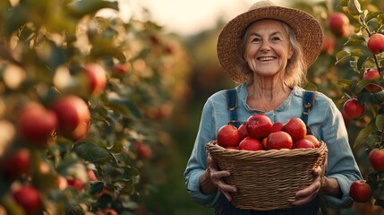 Senior female farmer holding basket of apples in orchard
