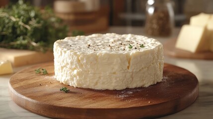 Round cheese with rosemary and spices sitting on a wooden board
