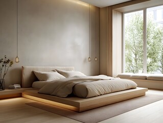 Fototapeta premium Serene and Stylish Minimalist Bedroom with Warm Wooden Accents