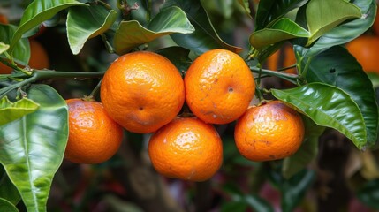 Cluster of ripe oranges hanging on a branch with green leaves in a citrus orchard

