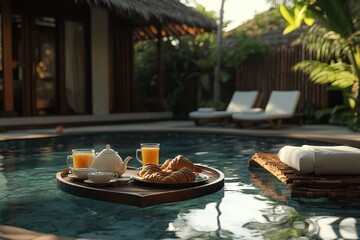 Obraz premium Breakfast basket in the pool on a villa or a cottage on an exotic destination, wellness, leisure, travel, nature, retreat, indulgence 