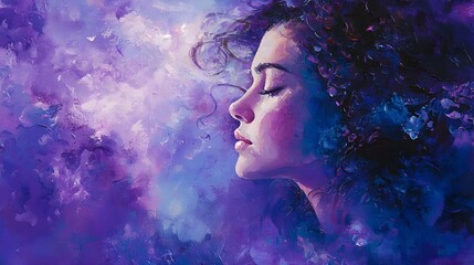 Fototapeta premium Thoughtful woman on a purple abstract background, surrealism, soft pastel colors, watercolor technique, introspective expression, ad evaluation in a dreamlike atmosphere