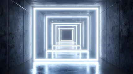 Close-up of two lightbox advertising banners in an underground station, futuristic environment, glowing with white neon light, concrete walls, high-resolution, ultra-realistic