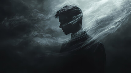Obraz premium A young man stands in a dark and mysterious setting, enveloped in swirling smoke, creating an ethereal and haunting atmosphere.