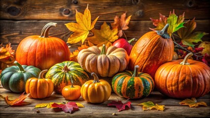 Rustic Autumn Serenity: Panoramic View of Pumpkins and Fall Leaves on Weathered Wood Background
