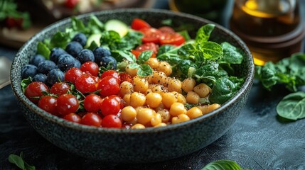 A vibrant salad bowl filled with fresh vegetables and berries.