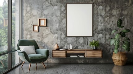 Empty picture frame mock-up in modern room interior with armchair and console with decor near wall